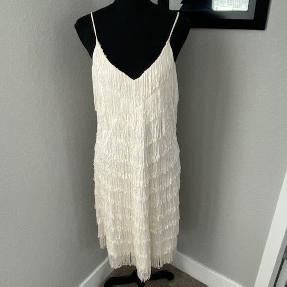 VINTAGE 70s Joy Stevens Ivory Fringe Flapper Gatsby Dress Sz 12 - Picture 2 of 12